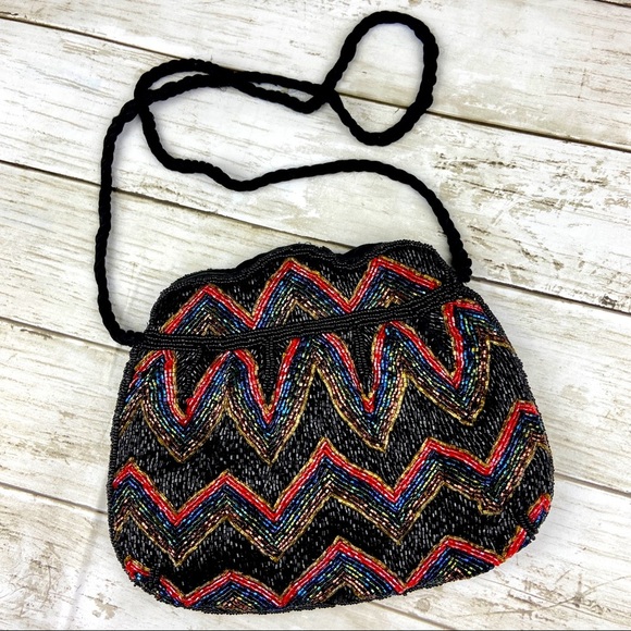 VINTAGE Flapper Bohemian Beaded Purse Black Gold Red Peacock Blue Evening Clutch - Picture 1 of 10